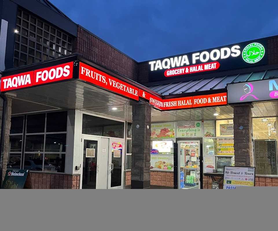 TAQWA Foods storefront on Brock Road, Pickering — halal grocery and meat shop.
